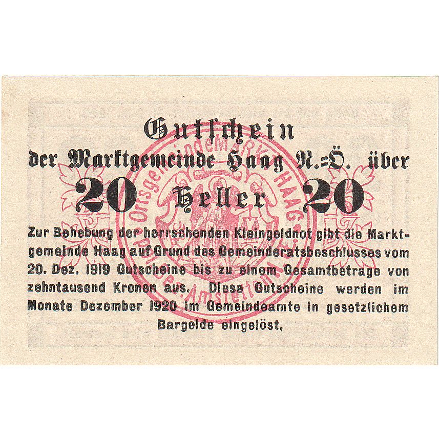 Geldschein, Österreich, Haag, 20 Heller, Texte 1920-12-31, UNZ-, Mehl:FS 318