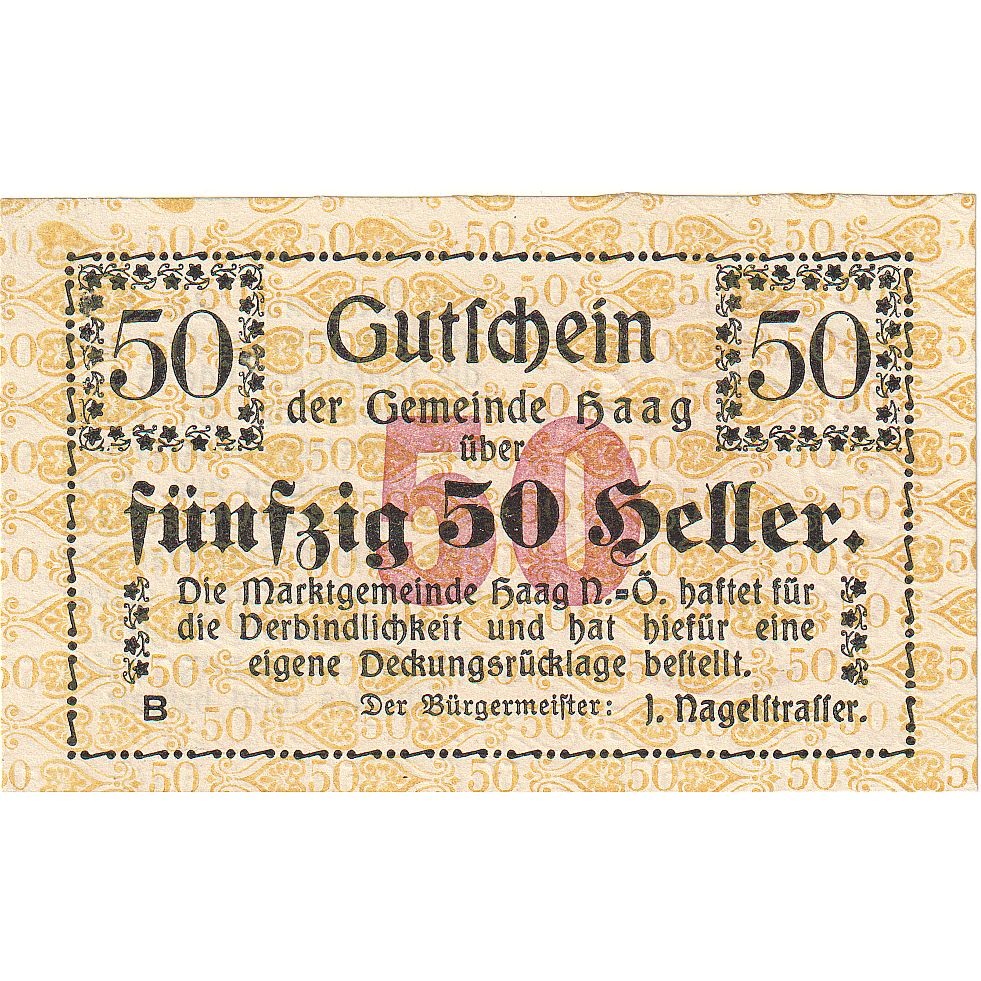 Billet, Autriche, Haag, 50 Heller, Texte, 1920, 1920-12-31, SPL, Mehl:FS 318