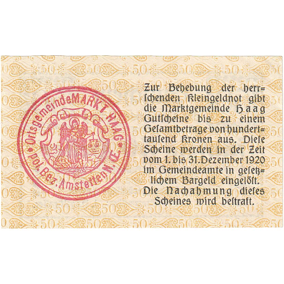 Billet, Autriche, Haag, 50 Heller, Texte, 1920, 1920-12-31, SPL, Mehl:FS 318