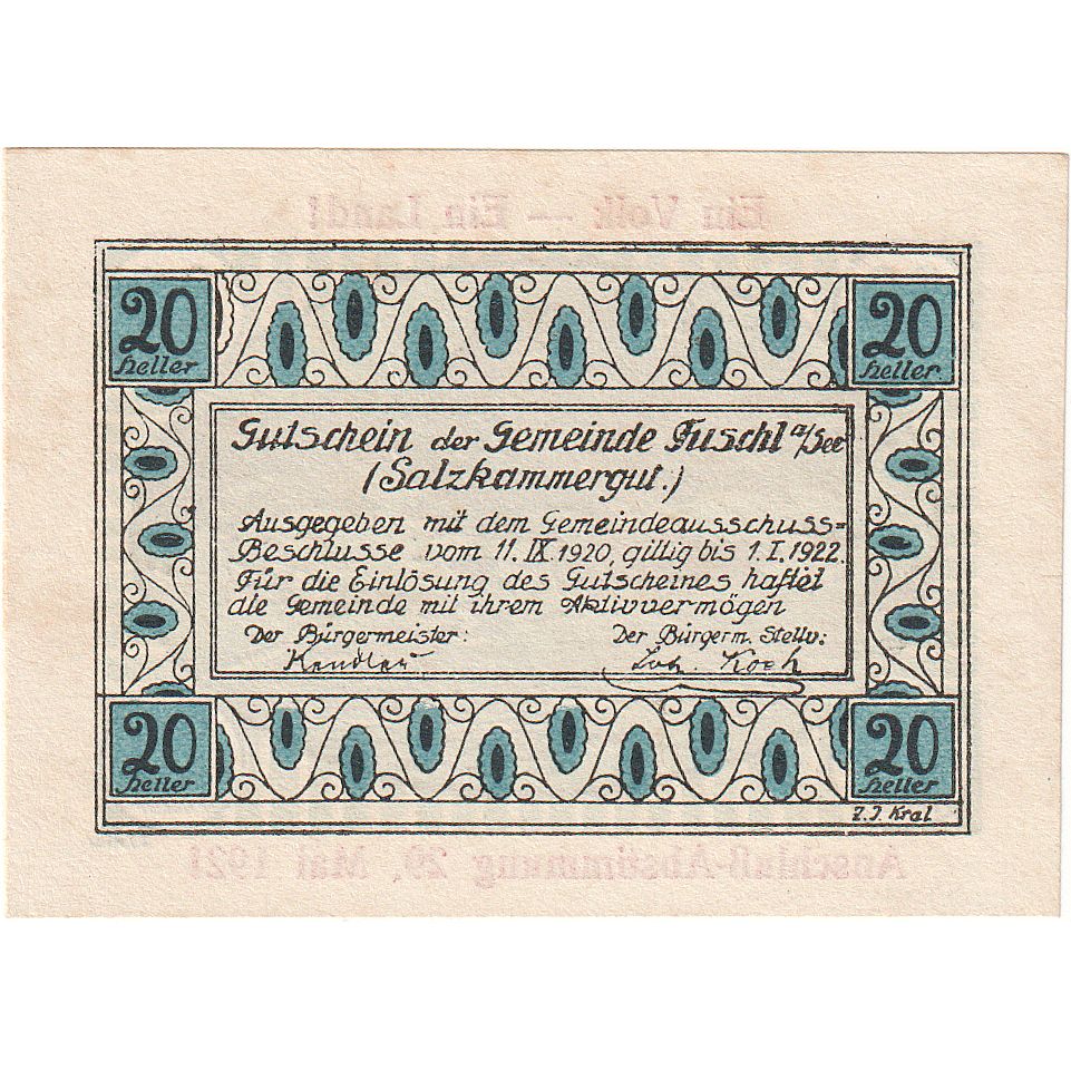 Billet, Autriche, Fuschl, 20 Heller, paysage 1922-01-01, SPL Mehl:FS 215d
