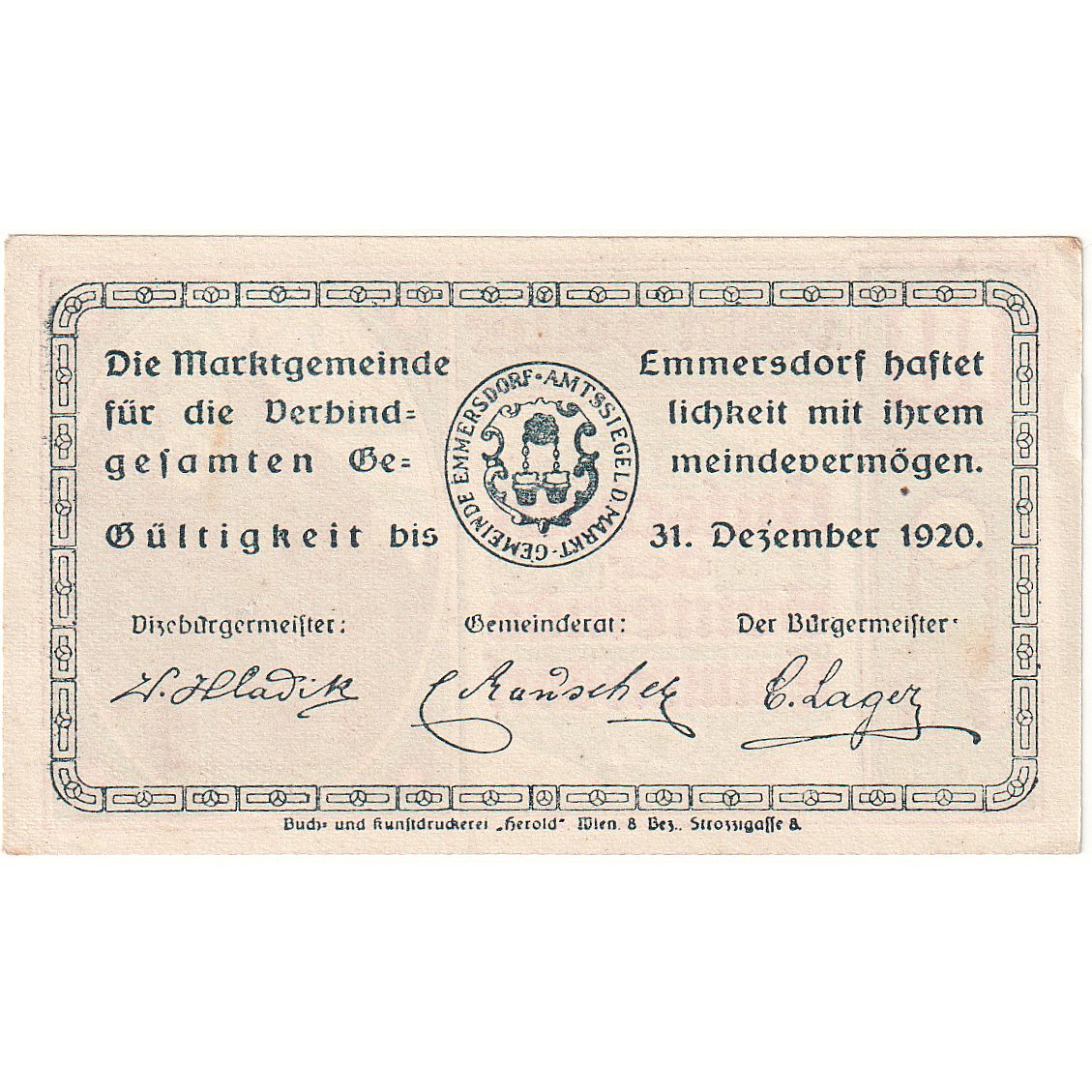 Billet, Autriche, Emmersdorf, 10 Heller, Eglise 1920-12-31, SPL Mehl:FS 171d