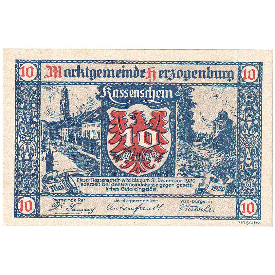 Biljet, Oostenrijk, Herzogenburg, 10 Heller, Ville, 1920 SPL Mehl:FS 367