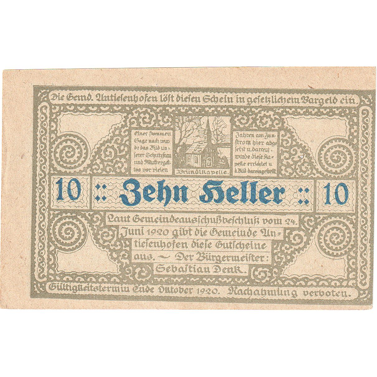 Billet, Autriche, Antiesenhofen, 10 Heller, Eglise, 1920, SPL, Mehl:FS 47