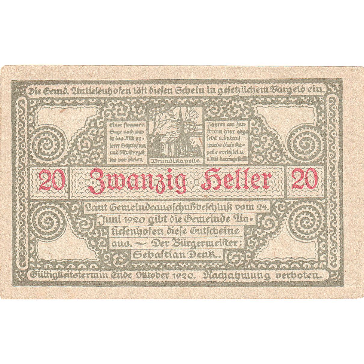 Billete, Austria, Antiesenhofen, 20 Heller, Eglise, 1920, SC, Mehl:FS 47