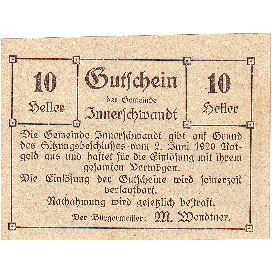 Billet, Autriche, Innerschwandt, 10 Heller, école, 1920, SPL, Mehl:FS 408
