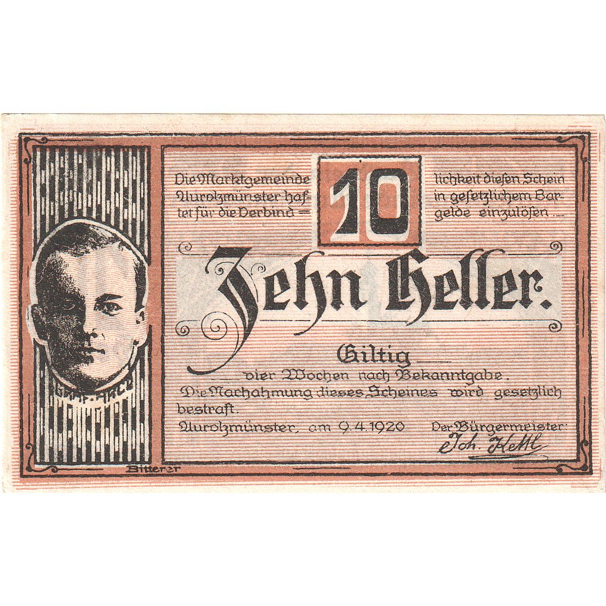 Billet, Autriche, Aurolzmunster, 10 Heller, Eglise 1920-04-09, SPL Mehl:FS 69a