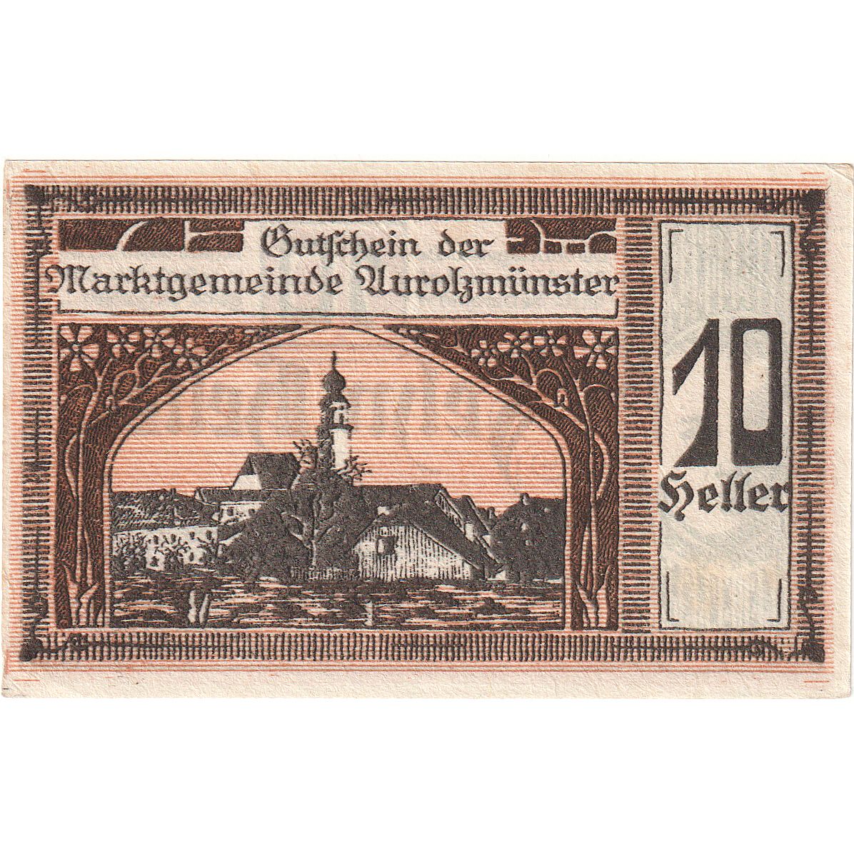 Billet, Autriche, Aurolzmunster, 10 Heller, Eglise 1920-04-09, SPL Mehl:FS 69a
