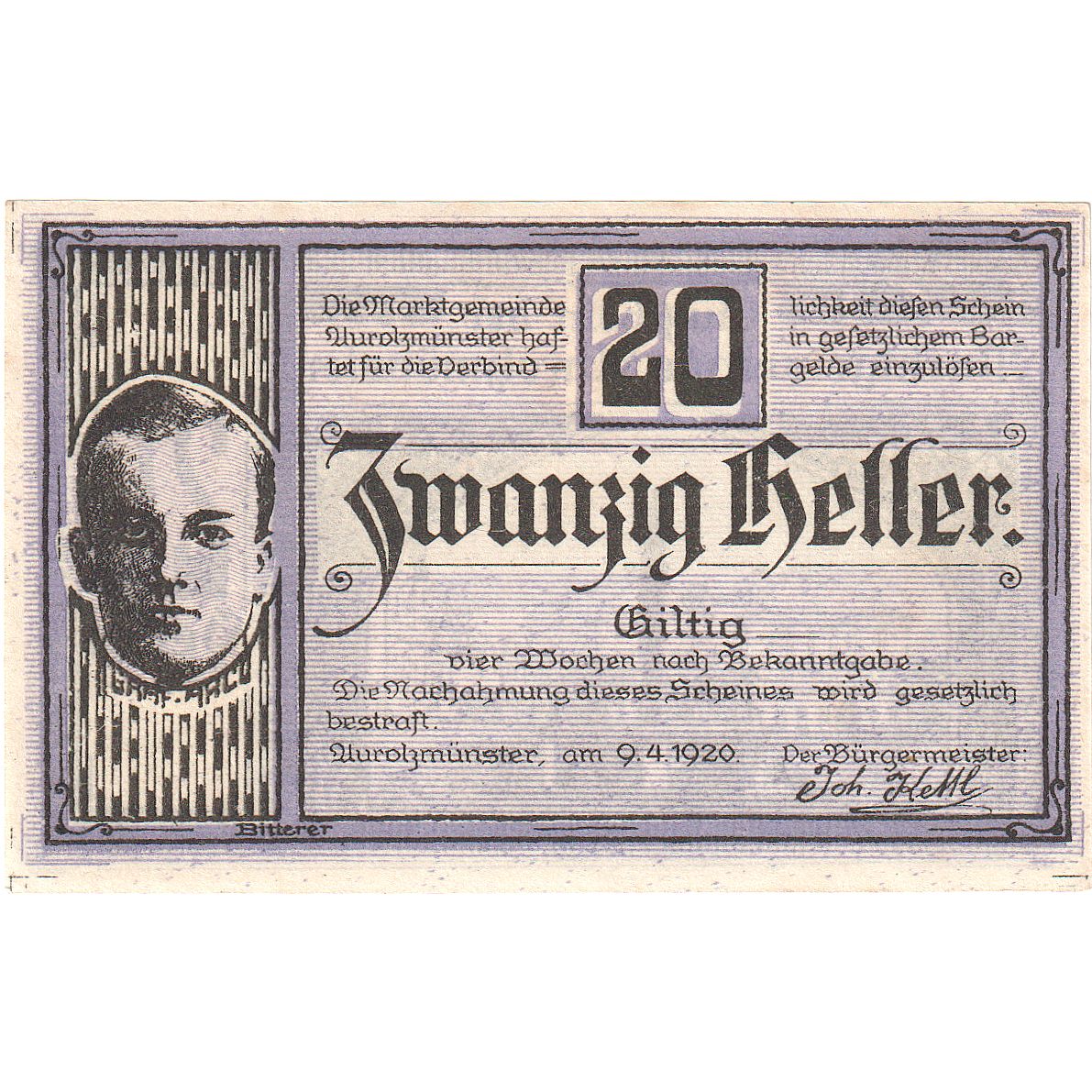Billet, Autriche, Aurolzmunster, 20 Heller, Monument, 1920 SPL Mehl:FS 69a