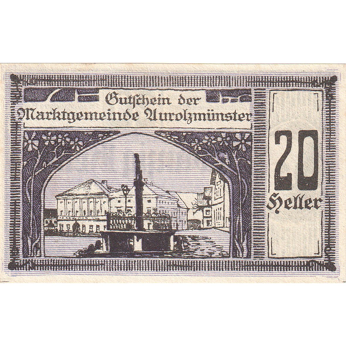 Billet, Autriche, Aurolzmunster, 20 Heller, Monument, 1920 SPL Mehl:FS 69a