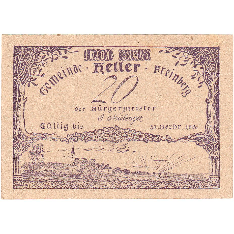 Banconote, Austria, Freinberg, 20 Heller, village, 1920 SPL Mehl:FS 211Ic