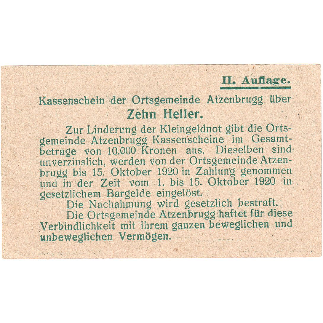 Biljet, Oostenrijk, Atzenbrugg, 10 Heller, Texte 1920-12-31, SPL Mehl:FS 63Ia