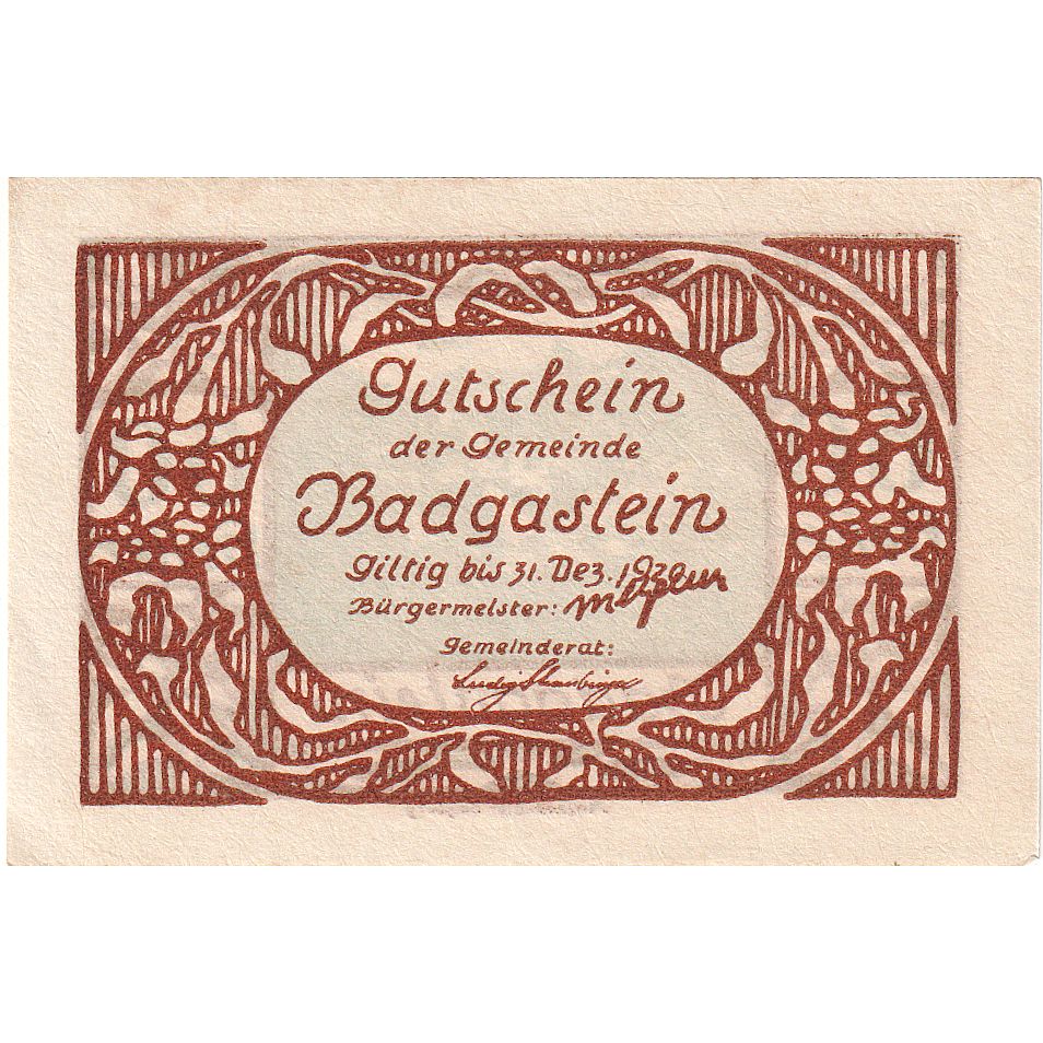 Billet, Autriche, Bad Gastein, 60 Heller, paysage 1920-12-31, SPL Mehl:FS 75Ia