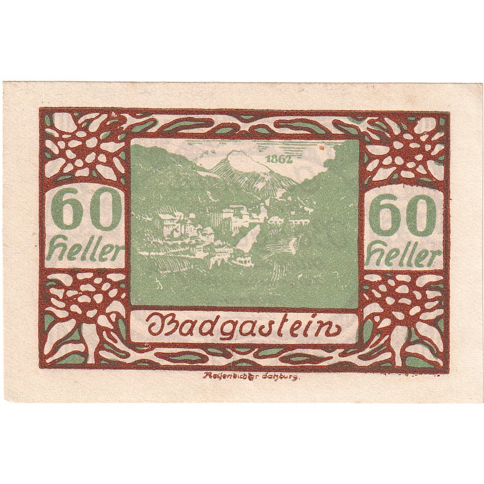 Billet, Autriche, Bad Gastein, 60 Heller, paysage 1920-12-31, SPL Mehl:FS 75Ia