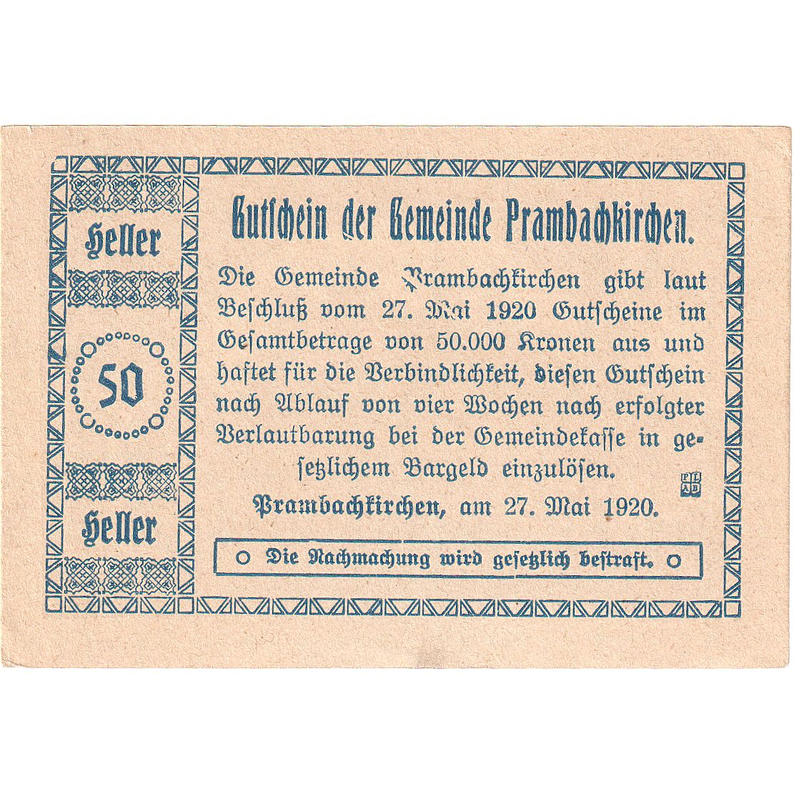 Banknote, Austria Prambachkirchen 50 Heller, Eglise, 1920, UNC(63) Mehl:FS 779a