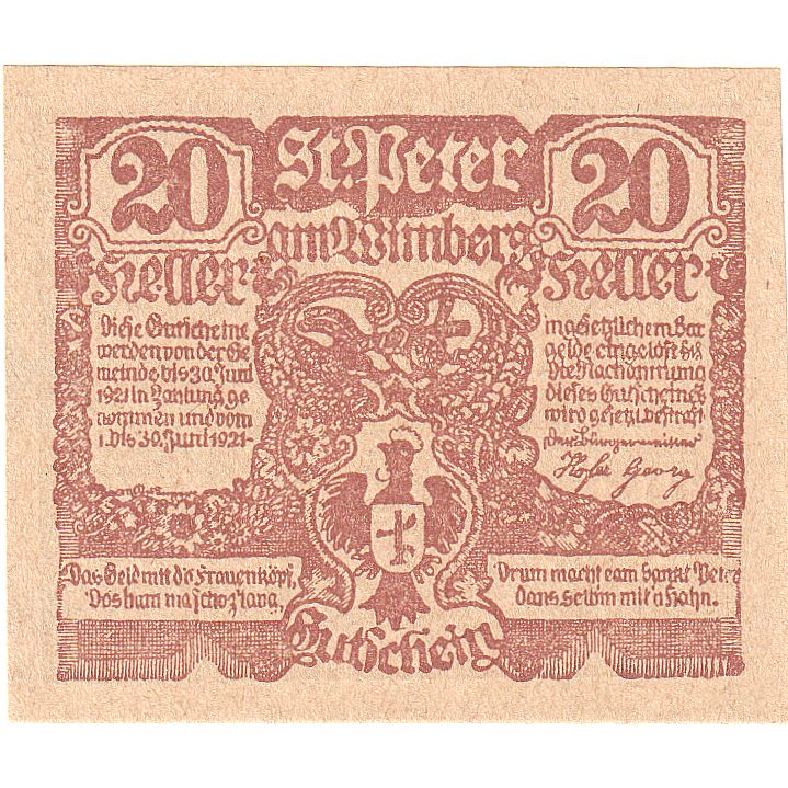 Banknote Austria St Peter am Wimberg 20 Heller, aigle, 1921 UNC(63) Mehl:FS 926