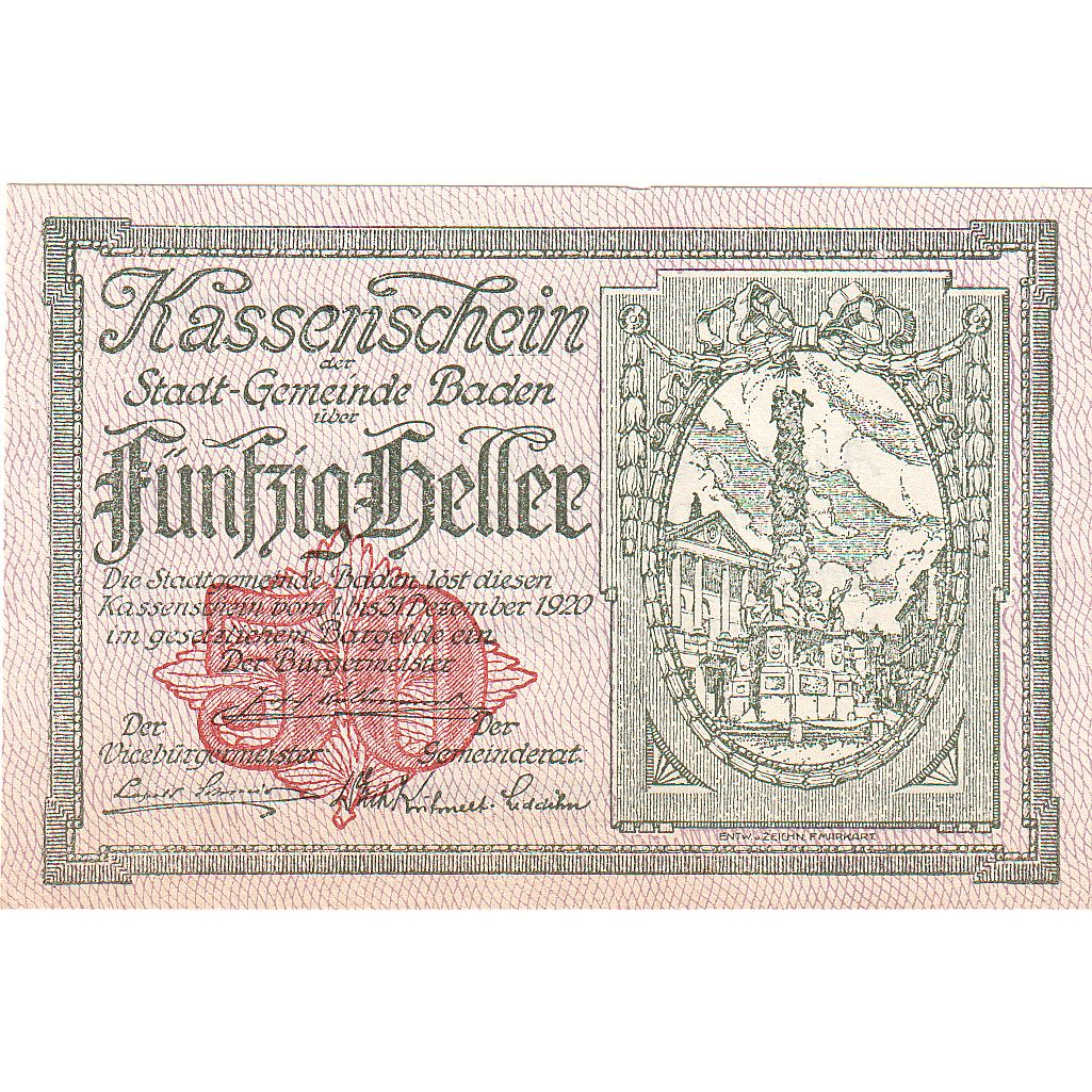 Banknote, Austria, Baden, 50 Heller, Monument, 1920 UNC(63) Mehl:FS 74a