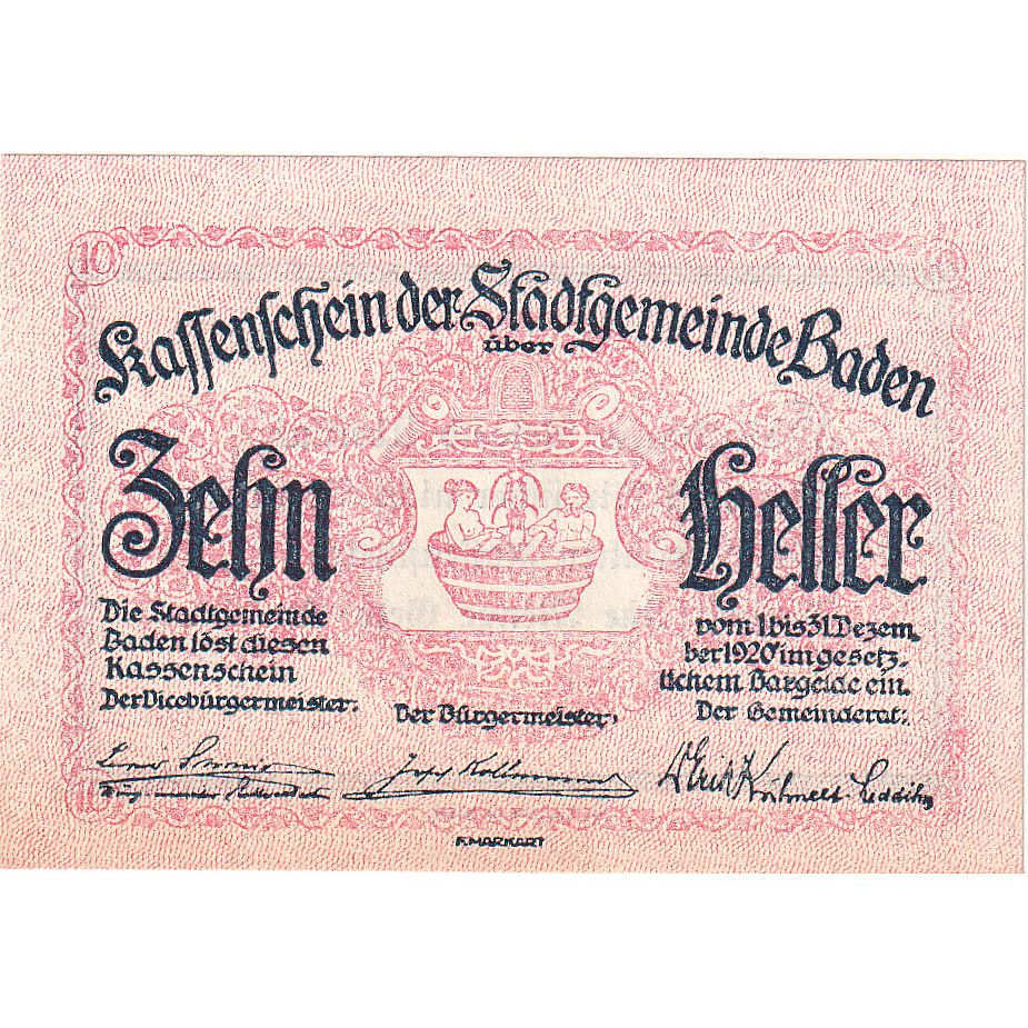 Biljet, Oostenrijk, Baden, 10 Heller, Texte, 1920, 1920-12-31, SPL, Mehl:FS 74a
