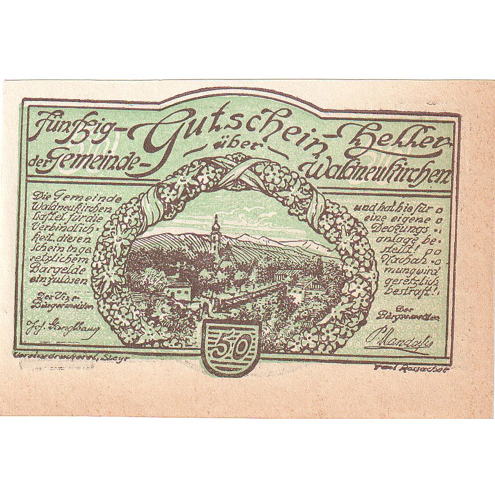 Biljet, Oostenrijk, Waldneukirchen, 50 Heller, paysage, 1920, SUP, Mehl:FS 1134