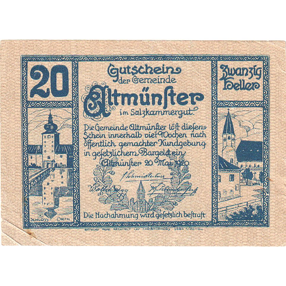 Banknote, Austria, Altmünster, 20 Heller, Eglise, 1920 UNC(63) Mehl:FS 34a