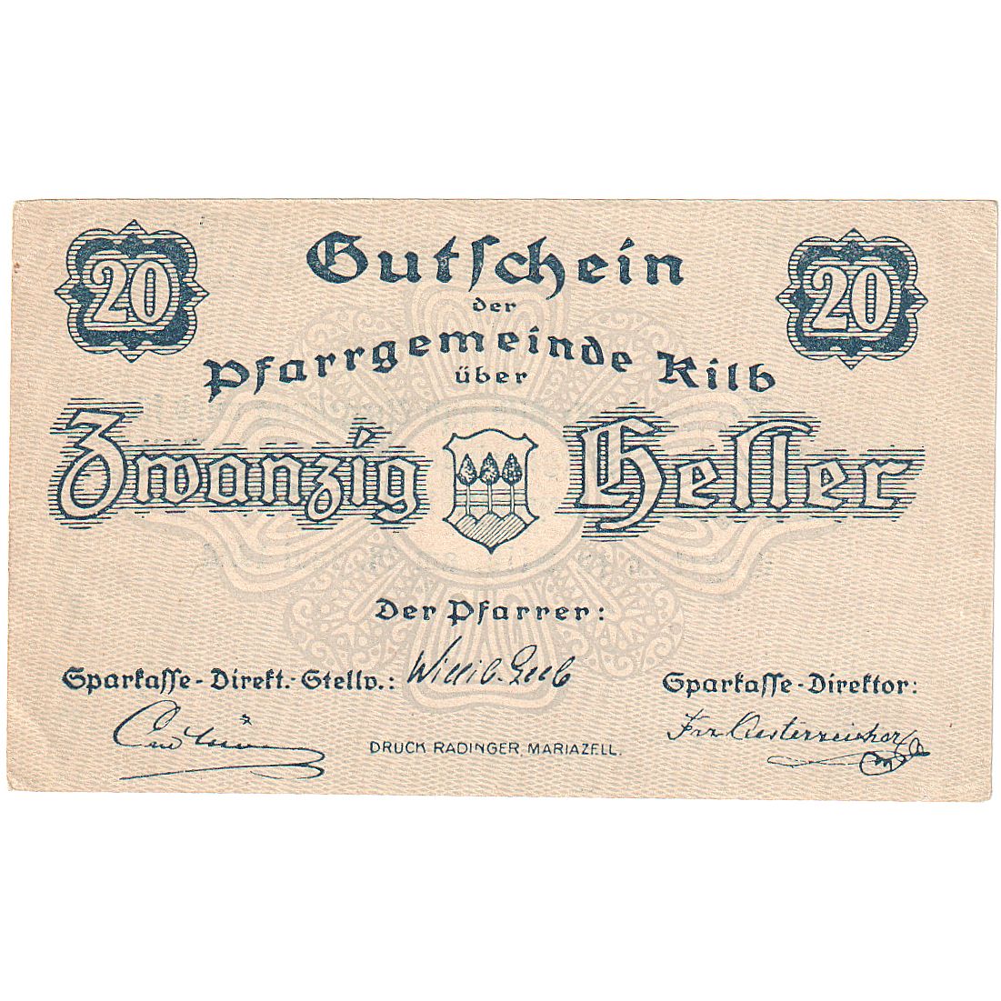 Biljet, Oostenrijk, Kilb, 20 Heller, Blason 1920-12-31, SPL Mehl:FS 437Id