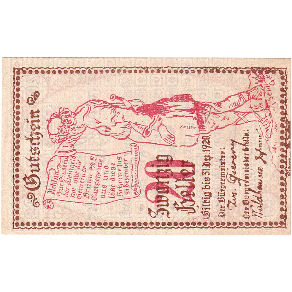 Biljet, Oostenrijk, Brunn, 20 Heller, personnage, 1920, SPL, Mehl:FS 110a