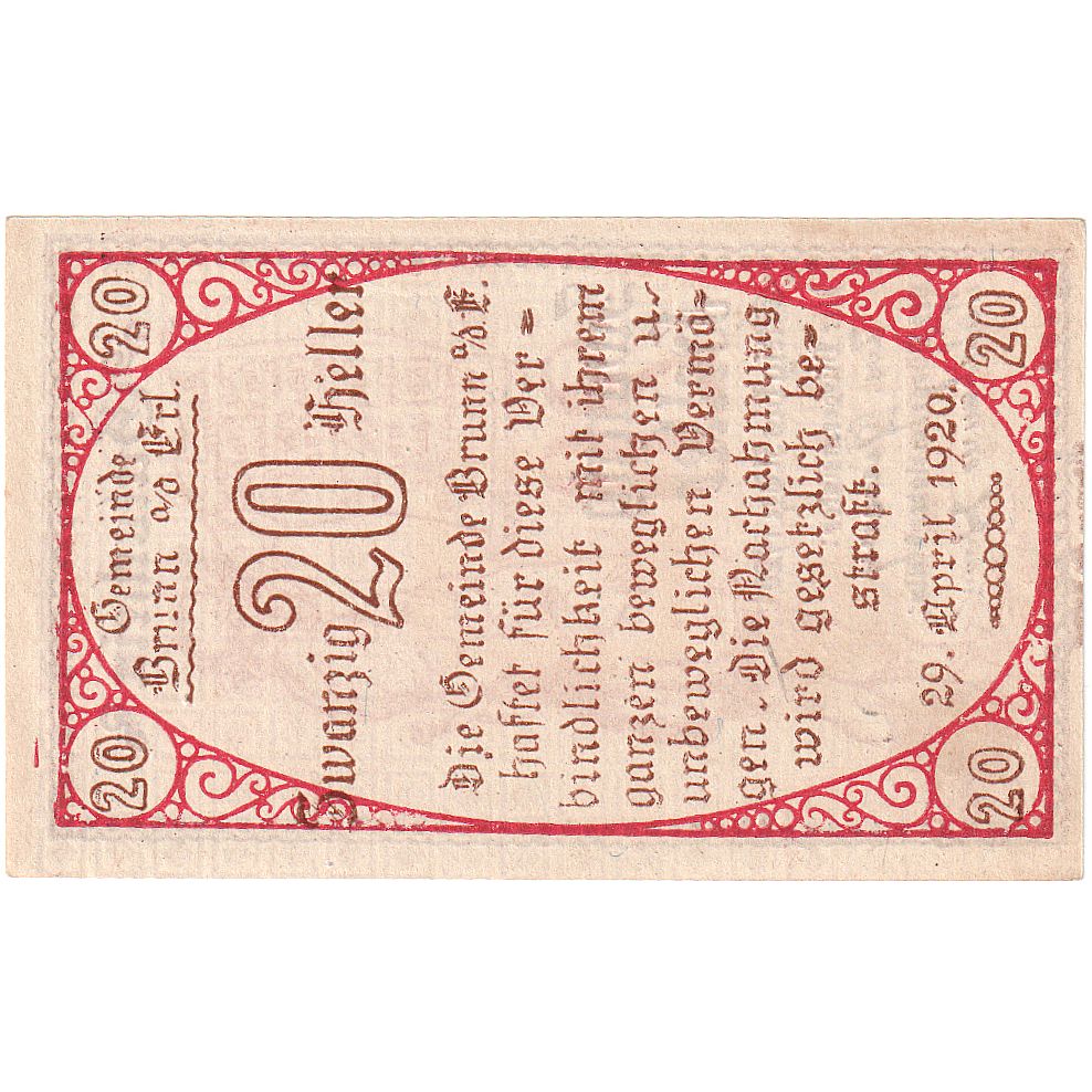 Biljet, Oostenrijk, Brunn, 20 Heller, personnage, 1920, SPL, Mehl:FS 110a