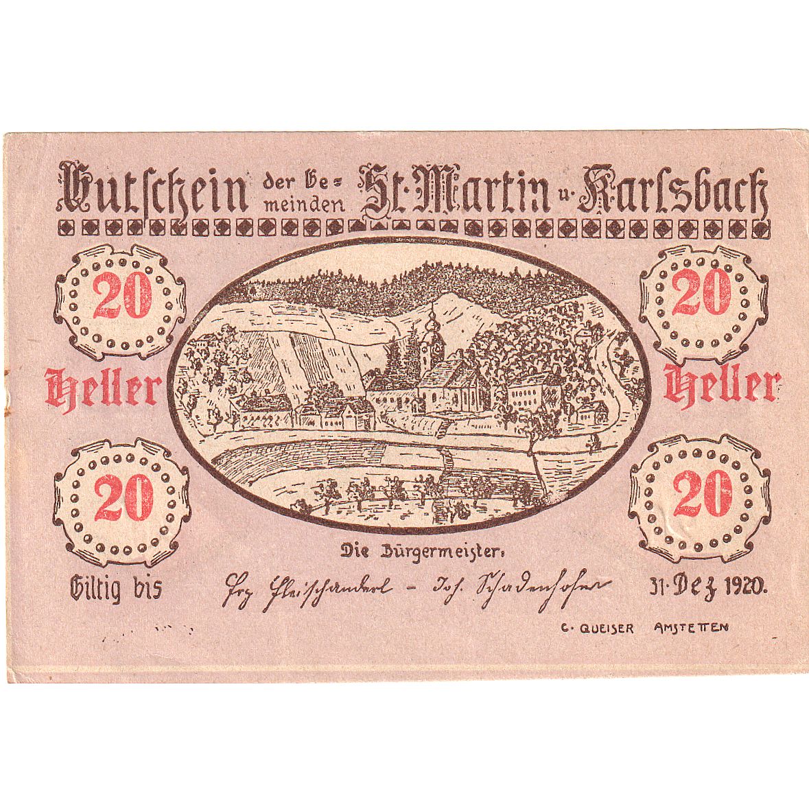Biljet, Oostenrijk, St Martin, 20 Heller, paysage 1920-12-31, SPL Mehl:FS 913a