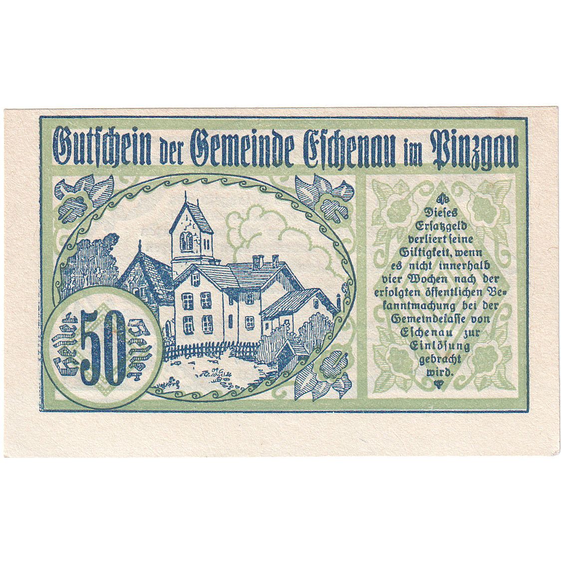 Autriche, Eschenau, 50 Heller, manoir, 1920, SPL, Mehl:FS 188a