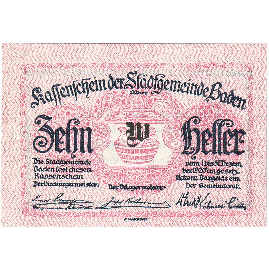 Autriche, Baden, 10 Heller, Blason, 1920, 1920-12-31, SPL, Mehl:FS 74a