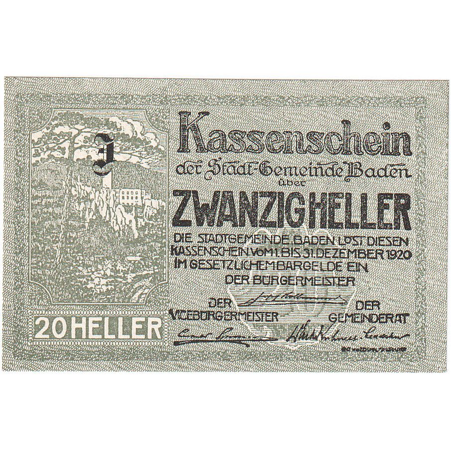 Autriche, Baden, 20 Heller, paysage, 1920, 1920-12-31, SPL, Mehl:FS 74a
