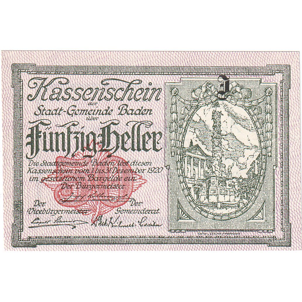 Autriche, Baden, 50 Heller, Monument, 1920, 1920-12-31, SPL, Mehl:FS 74a