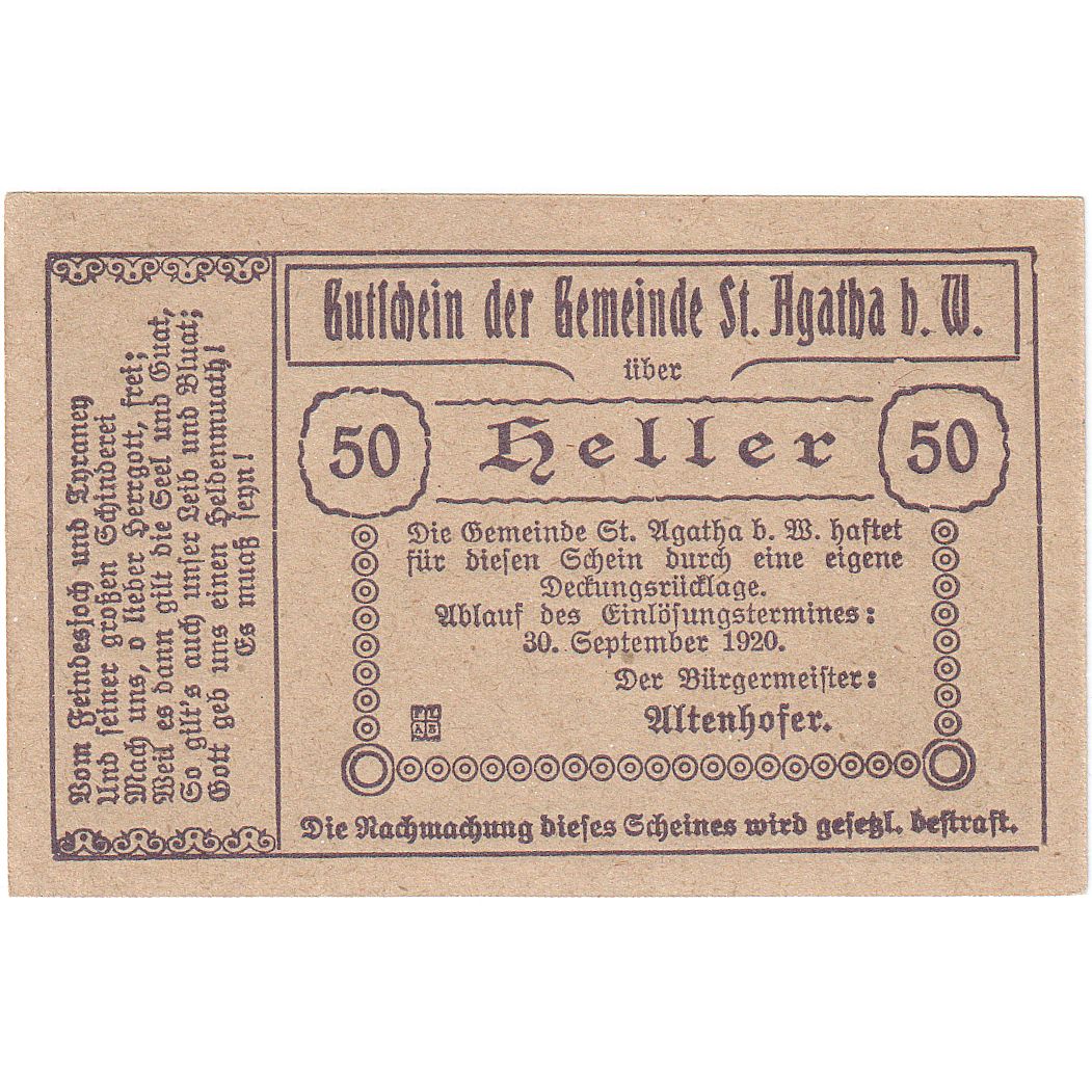 Autriche, St Agatha, 50 Heller, château, 1920, 1920-09-30, SPL, Mehl:FS 877Ia