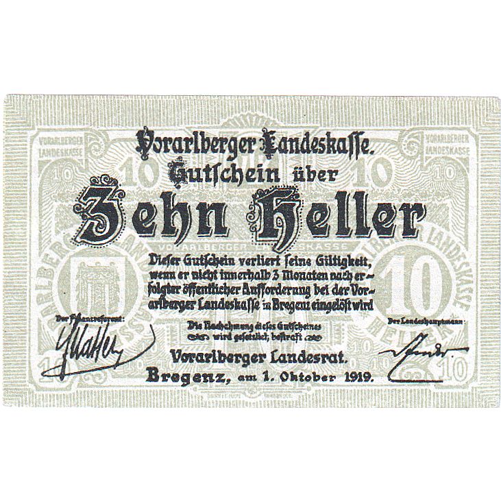 Autriche, Bregenz, 10 Heller, Blason, 1919, 1919-10-01, SPL, Mehl:FS 1118I