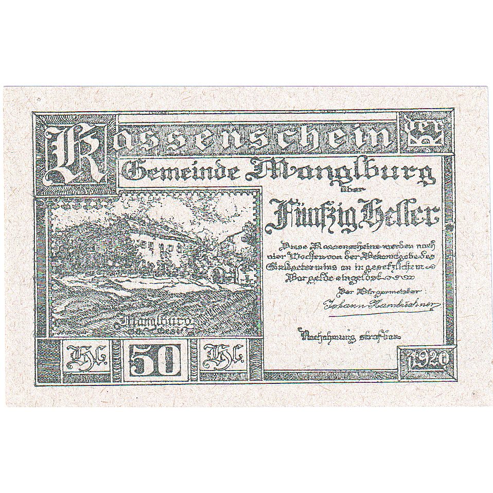 Österreich, Manglburg, 50 Heller, Texte, 1920, UNZ-, Mehl:FS 692