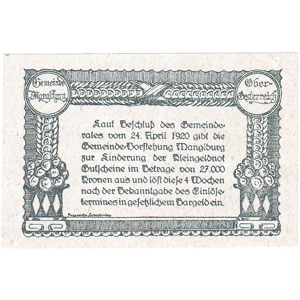 Österreich, Manglburg, 50 Heller, Texte, 1920, UNZ-, Mehl:FS 692