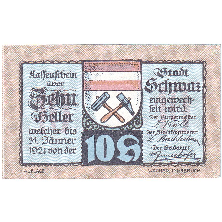 Austria, Schwaz, 10 Heller, Blason, 1920, 1920-12-31, SC, Mehl:FS 983a