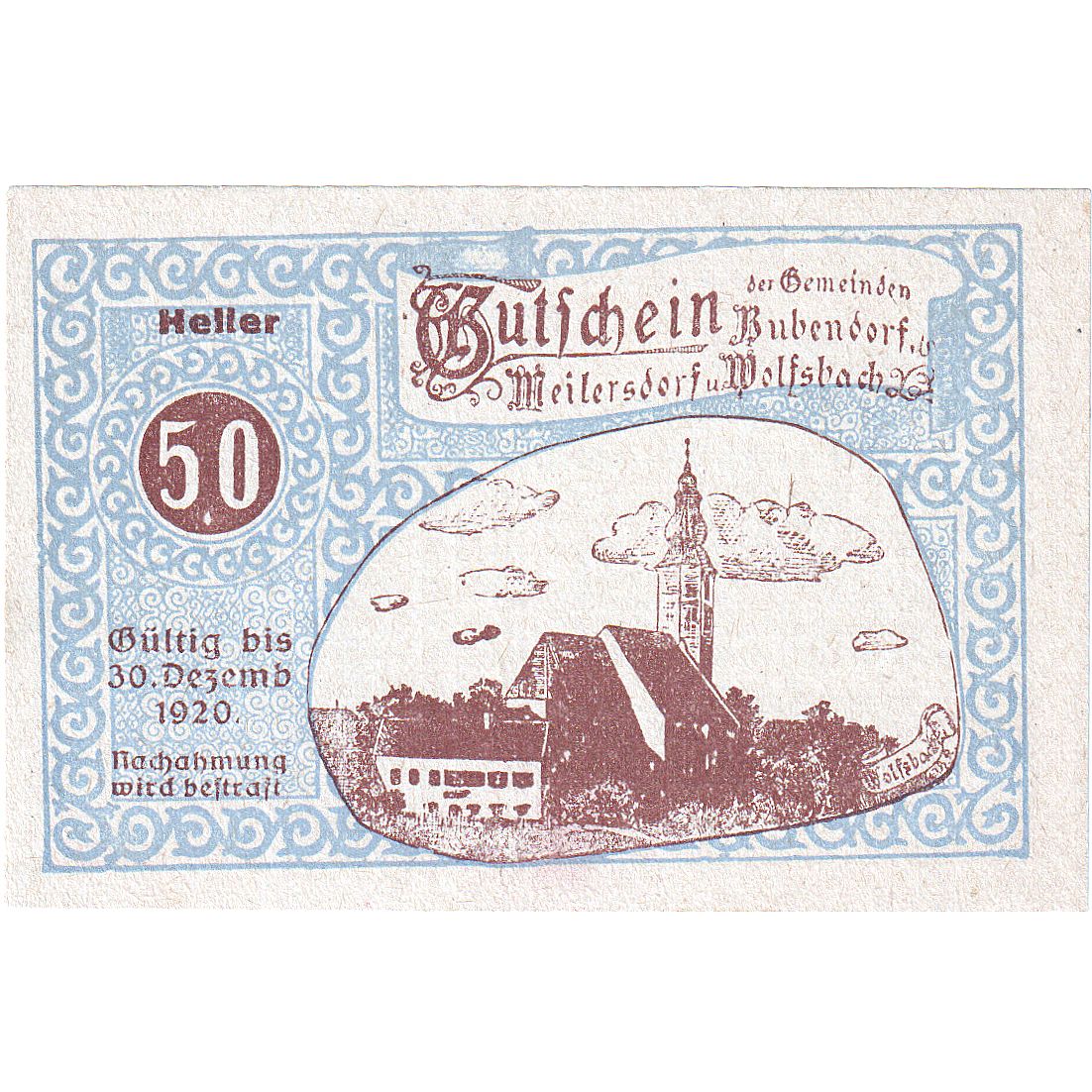 Austria, Budendorf, 50 Heller, Eglise, 1920, 1920-12-30, UNC(63), Mehl:FS 112a