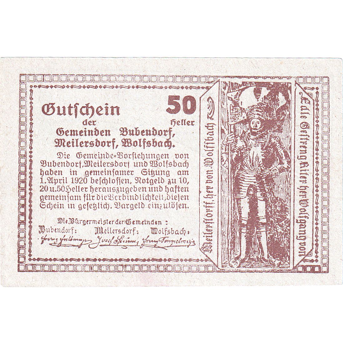 Austria, Budendorf, 50 Heller, Eglise, 1920, 1920-12-30, UNC(63), Mehl:FS 112a