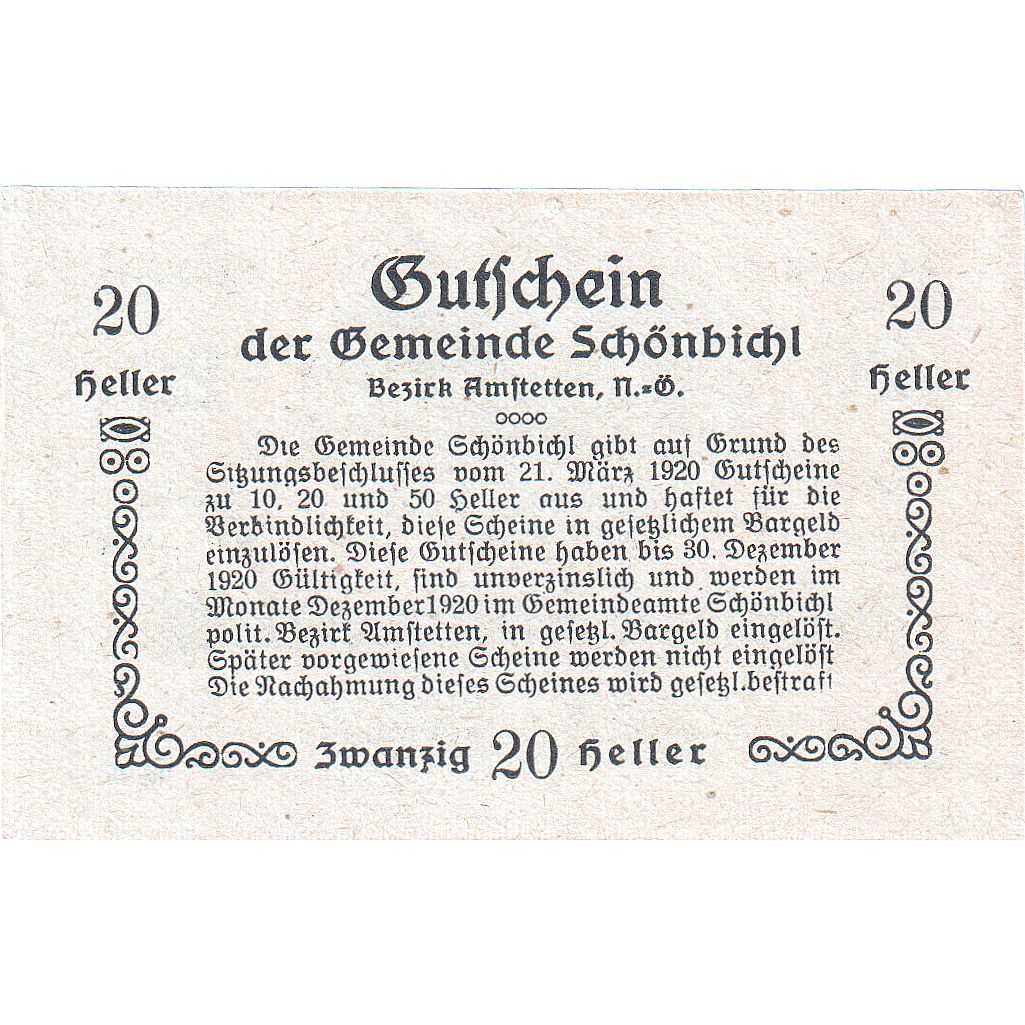 Austria, Schonbichl, 20 Heller, champs, 1920, 1920-12-30, UNC(63), Mehl:FS 969Ib