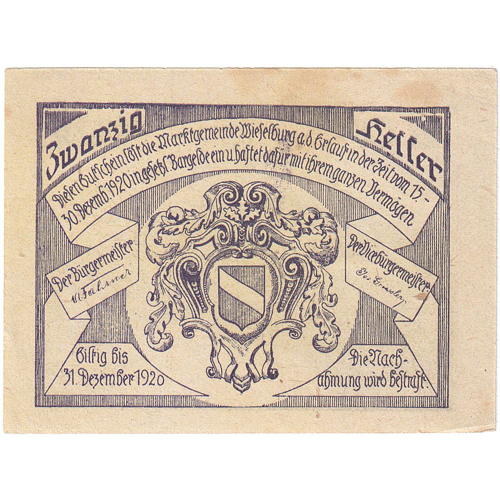 Austria, Wieselburg, 20 Heller, village, 1920, 1920-12-31, EBC, Mehl:FS 1231c