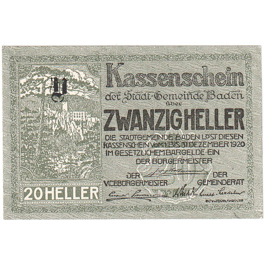 Austria, Baden, 20 Heller, Forêt, 1920, 1920-12-31, UNC(63), Mehl:FS 74a