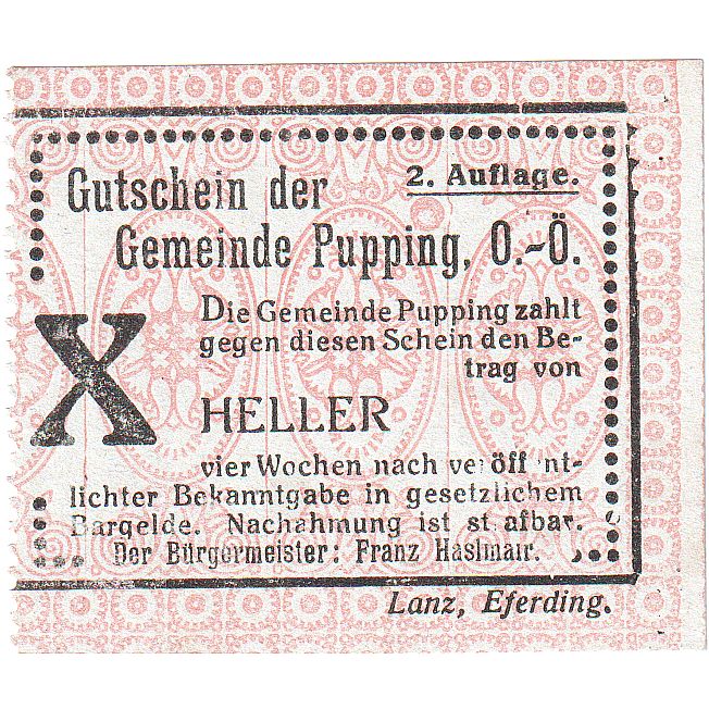 Austria, Pupping, 10 Heller, Texte, UNC(63), Mehl:FS 792I