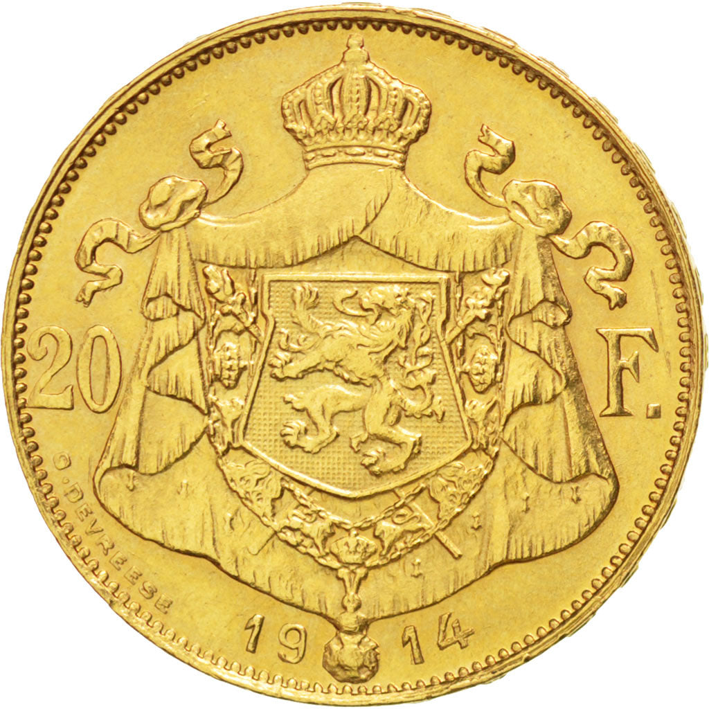 BELGIUM, 20 Francs, 20 Frank, 1914, KM #79, AU(55-58), Gold, 6.45