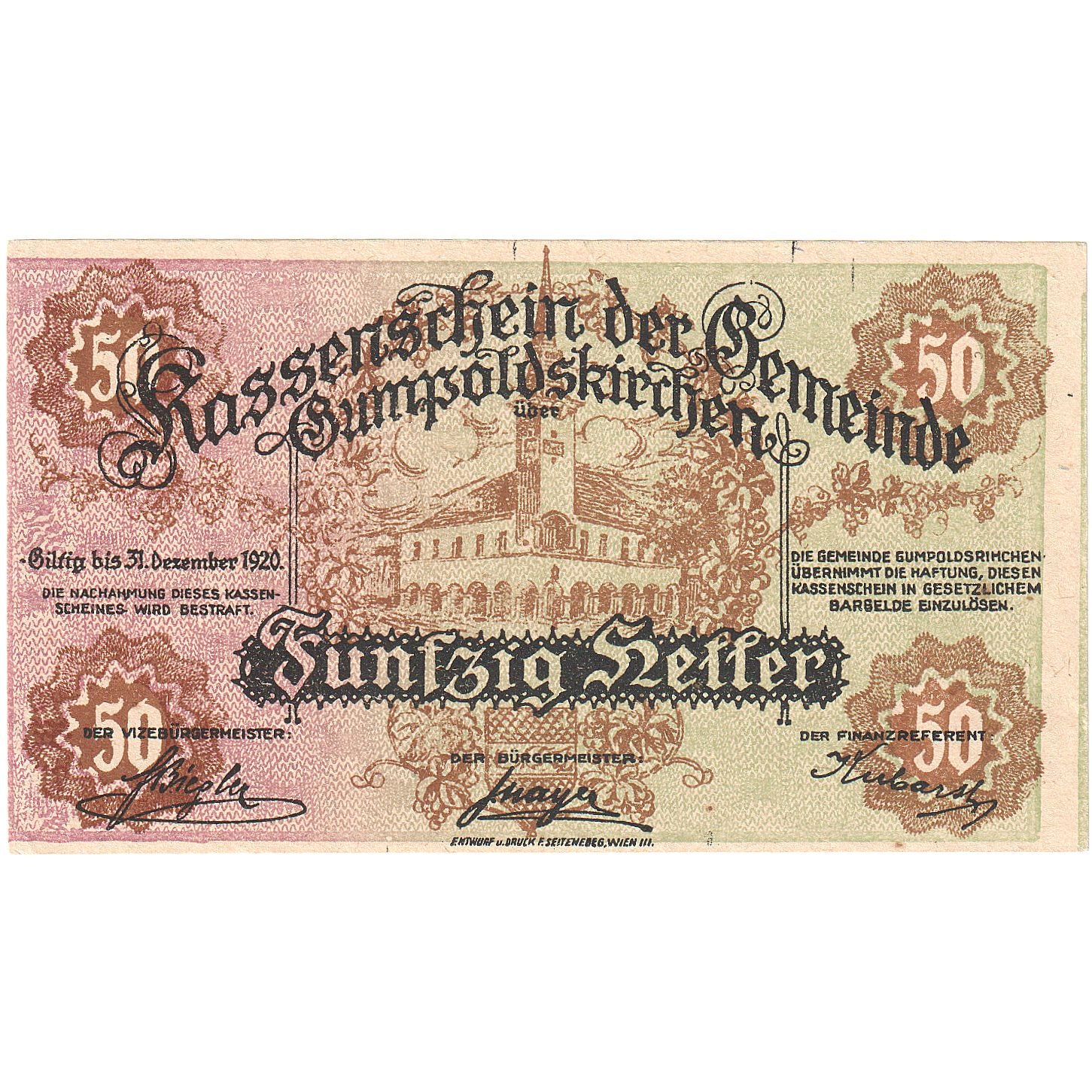 Österreich, Gumpoldskirchen, 50 Heller, Eglise 1920-12-31, UNZ-, Mehl:FS 308a