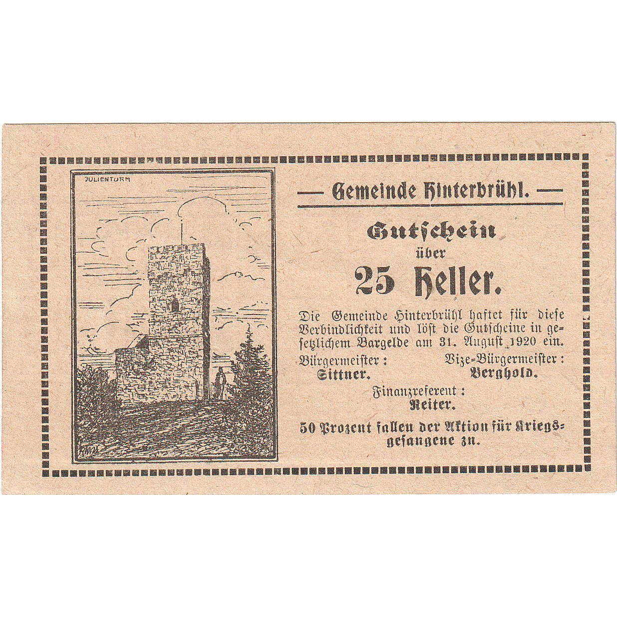 Austria, Hinterbrühl, 25 Heller, tour 1920-08-31, UNC(63), Mehl:FS 376IIIa