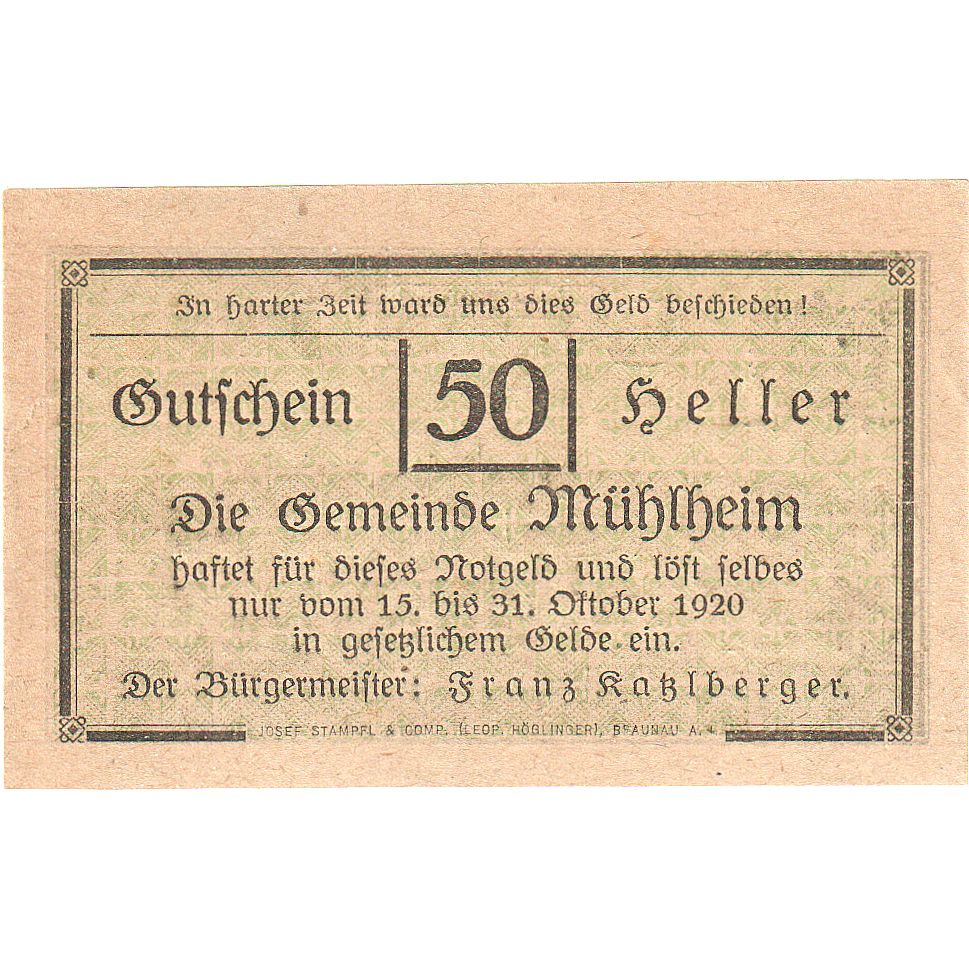 Oostenrijk, Mühlheim, 50 Heller, château, 1920, 1920-10-31, SPL, Mehl:FS 631b2