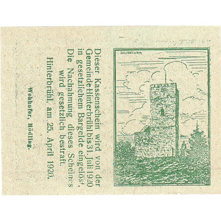 Autriche, Hinterbrühl, 20 Heller, tour, 1920, 1920-04-25, SPL, Mehl:FS 376IIIa