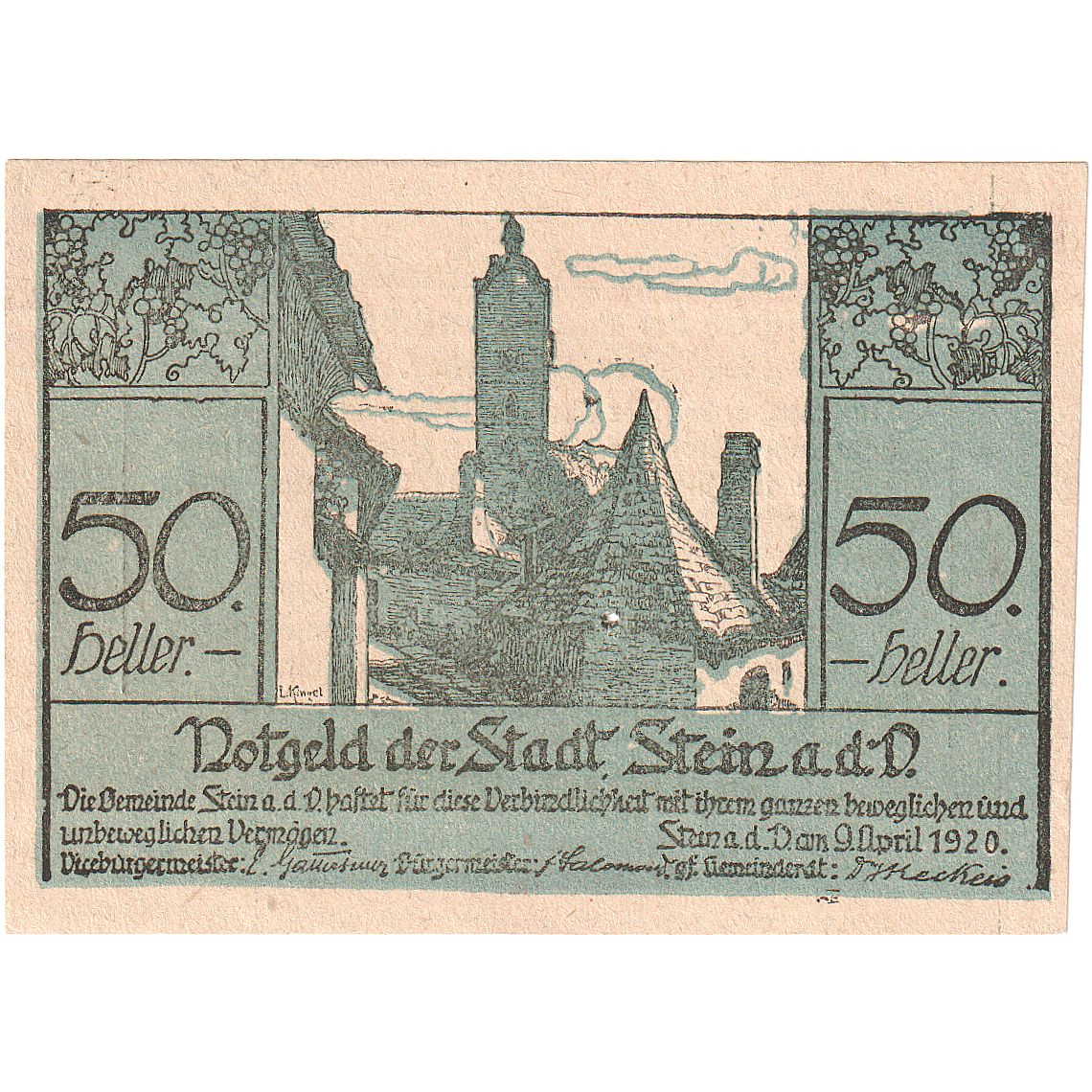 Autriche, Stein an der Donau, 50 Heller, Eglise 1920-09-30, SPL Mehl:FS 1015I.3