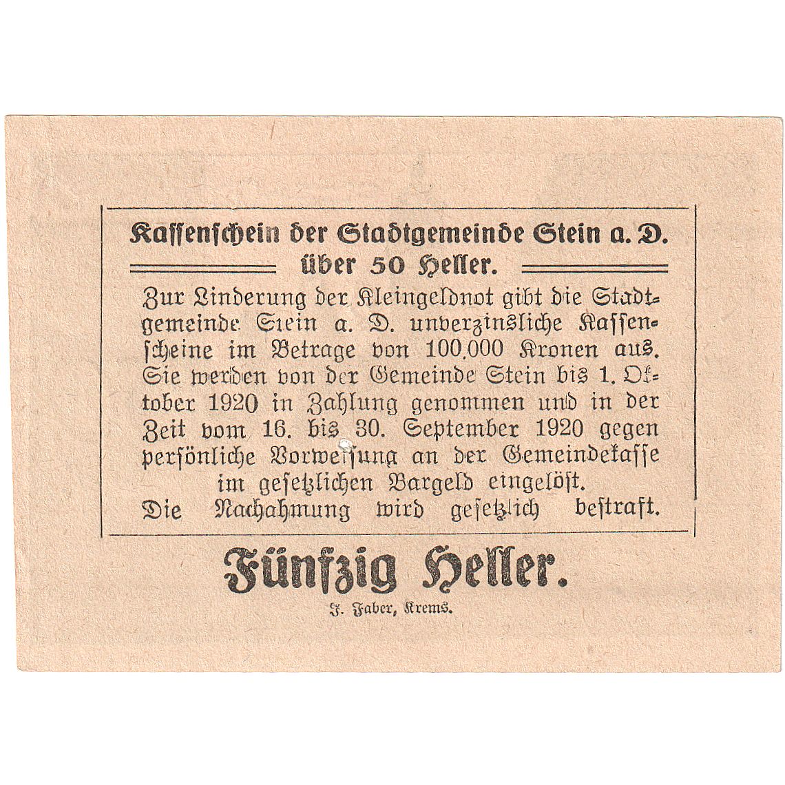 Autriche, Stein an der Donau, 50 Heller, Eglise 1920-09-30, SPL Mehl:FS 1015I.3