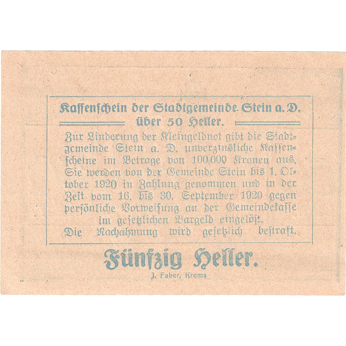 Austria, Stein an der Donau, 50 Heller, village 1920-09-30, UNC(63) FS 1015I.3